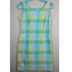 Laura Ashley Green Blue Plaid Linen Cotton Sheath Dress Womens USA 6 MD 885 BK